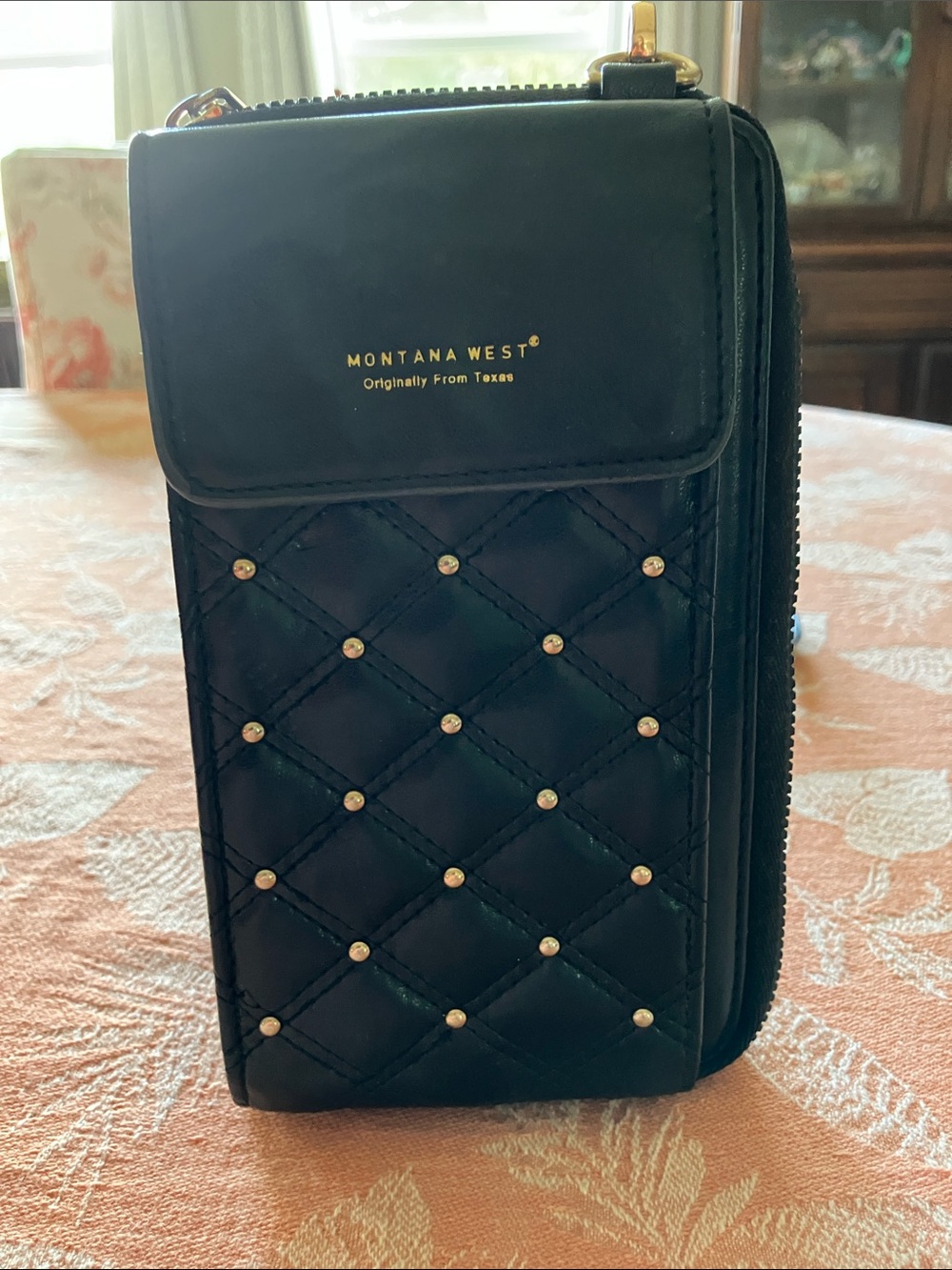 Montana West Black Quilted Phone Crossbody Wallet with Stud Accents